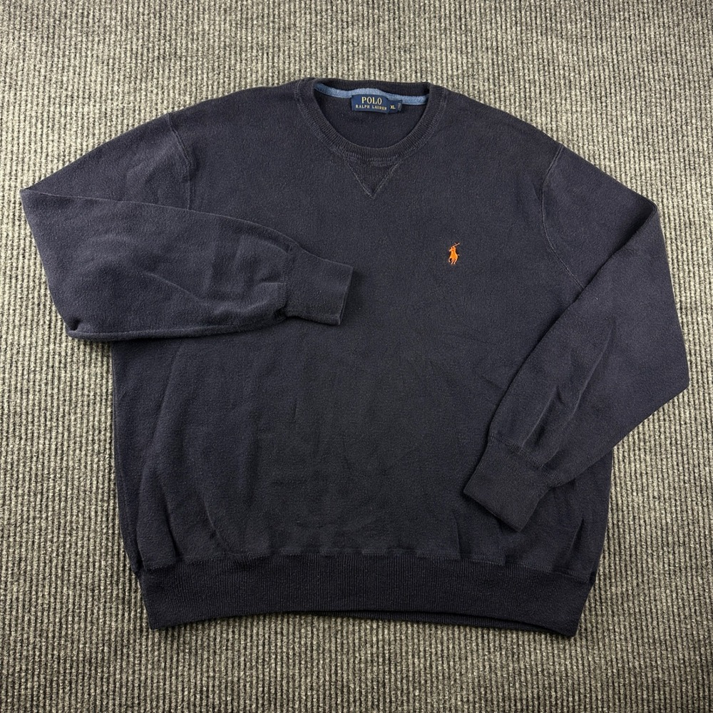 Polo Ralph Lauren Mens XL Navy Blue Cotton Crewneck Sweater Orange Pony Logo
